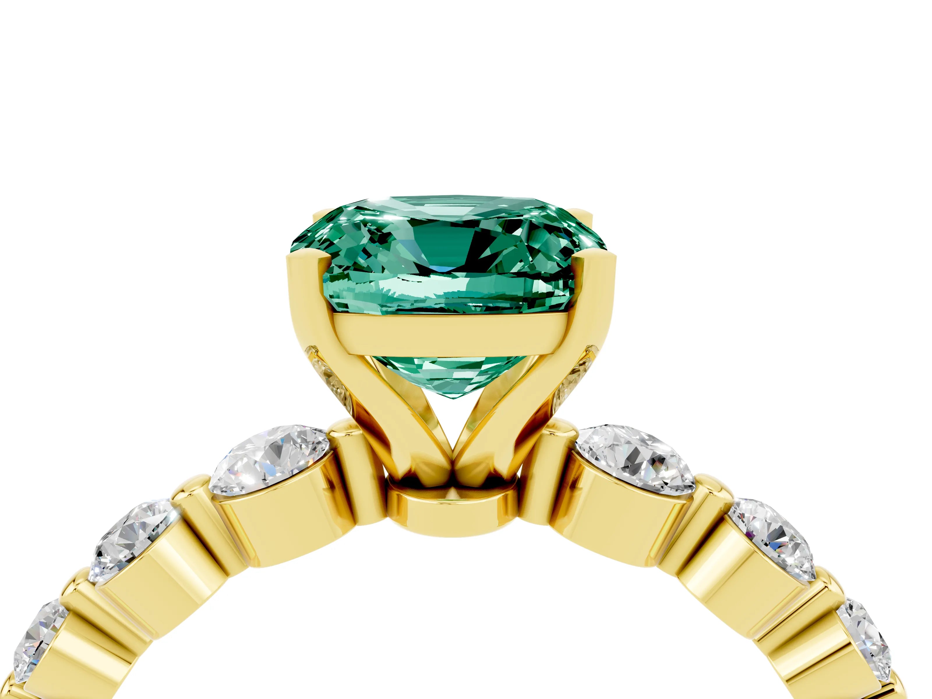 Yellow gold Cushion Cut Solitaire Green Sapphire Ring with Pave Band and Four-Prong Setting_4