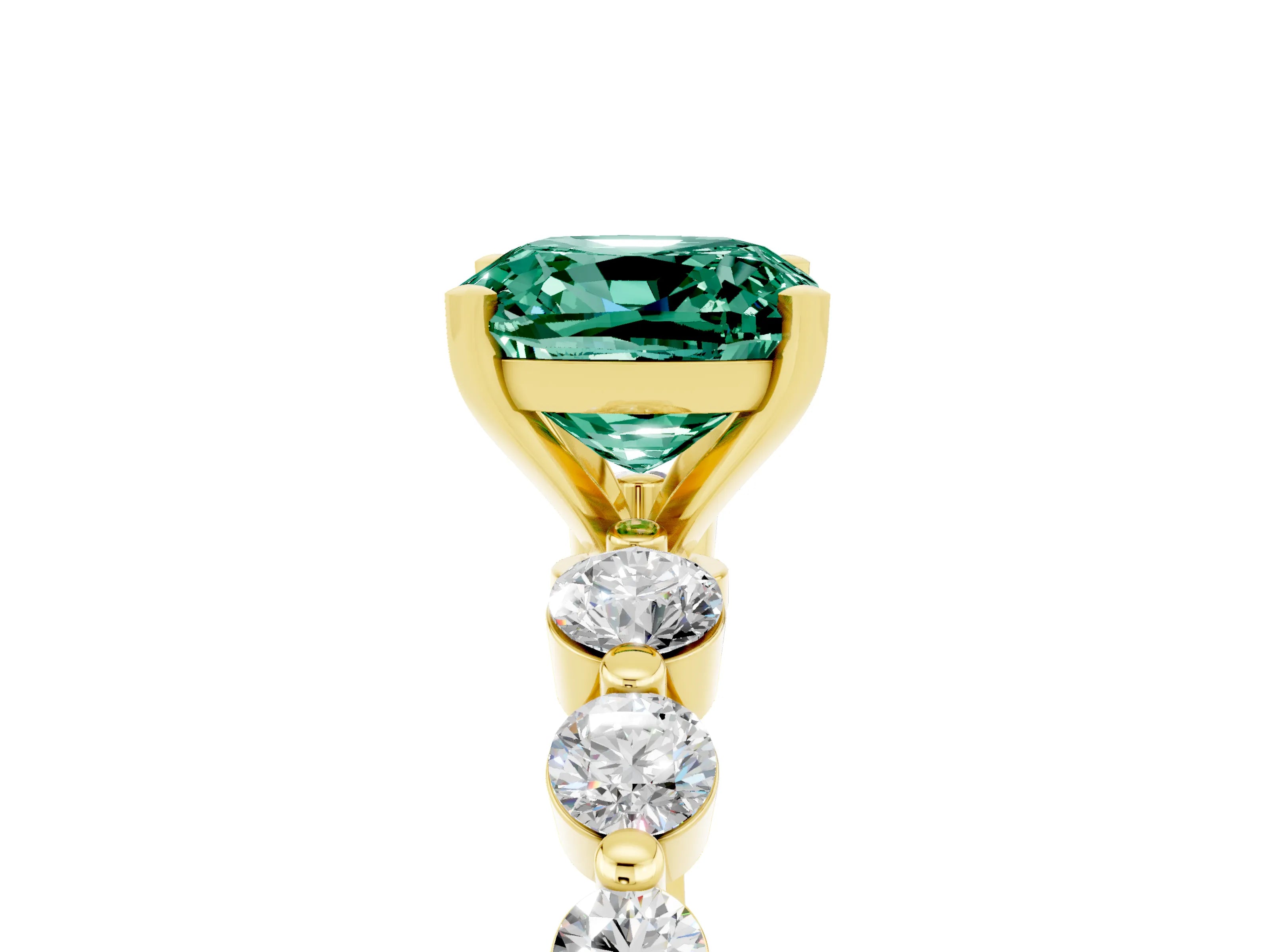 Yellow gold Cushion Cut Solitaire Green Sapphire Ring with Pave Band and Four-Prong Setting_5