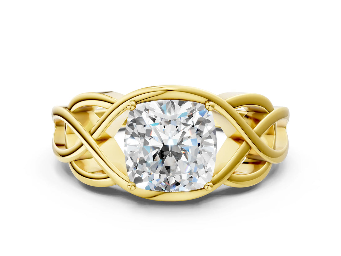 Yellow gold Cushion Cut Solitaire Intertwined Band Prong Setting Ring_10