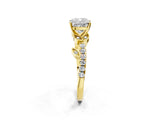 Yellow gold Cushion Cut Solitaire Leaf-Inspired Diamond Ring with Pavé Band and Four-Prong Setting_10