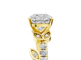 Yellow gold Cushion Cut Solitaire Leaf-Inspired Diamond Ring with Pavé Band and Four-Prong Setting_13