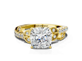 Yellow gold Cushion Cut Solitaire Leaf-Inspired Diamond Ring with Pavé Band and Four-Prong Setting_8