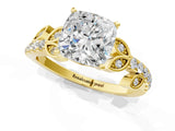 Yellow gold Cushion Cut Solitaire Leaf-Inspired Diamond Ring with Pavé Band and Four-Prong Setting_9
