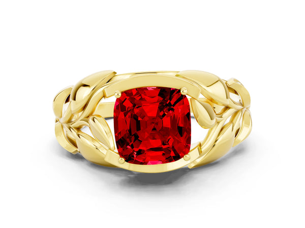Yellow gold Cushion Cut Ruby Leaf-Inspired Engagement Ring with Round Accents and Prong Setting