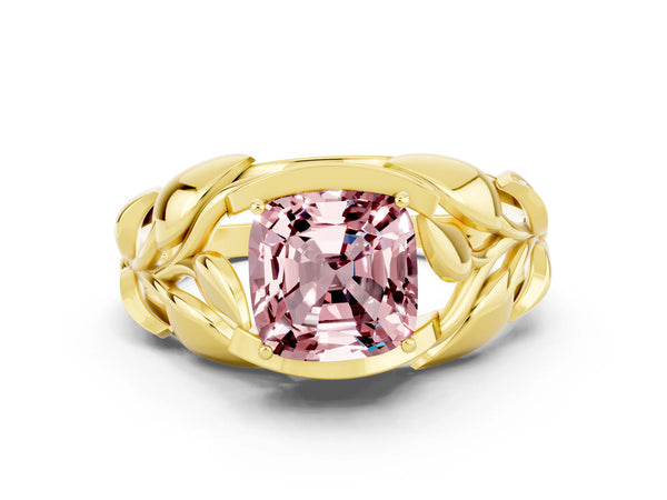 Yellow gold Cushion Cut Solitaire Leaf-Inspired Engagement Ring with Prong Setting