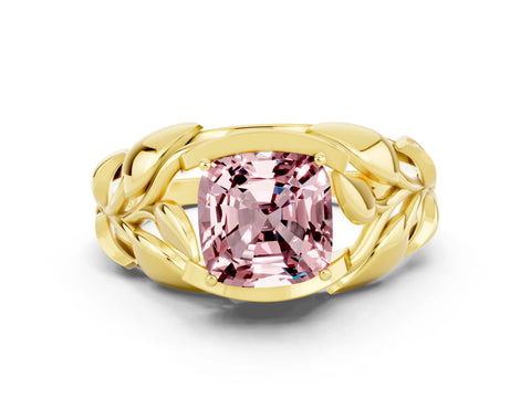 Yellow gold Cushion Cut Solitaire Leaf-Inspired Engagement Ring with Prong Setting