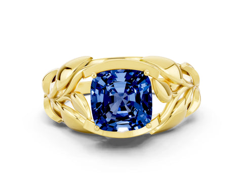 Yellow gold Cushion Cut Solitaire Leaf-Inspired Engagement Ring with Prong Setting