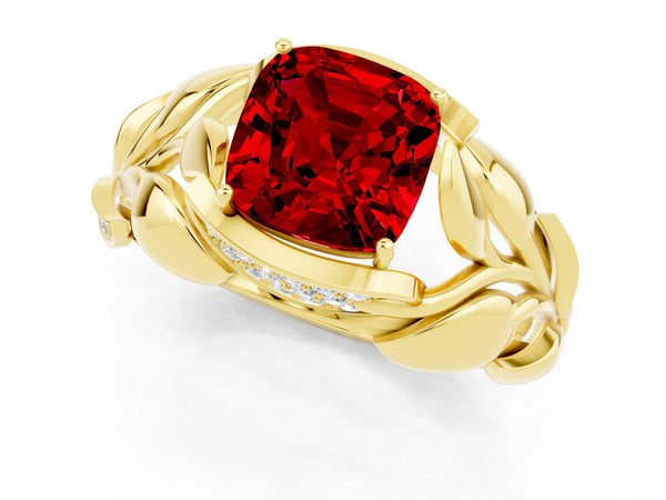 Yellow gold Cushion Cut Ruby Leaf-Inspired Engagement Ring with Round Accents and Prong Setting