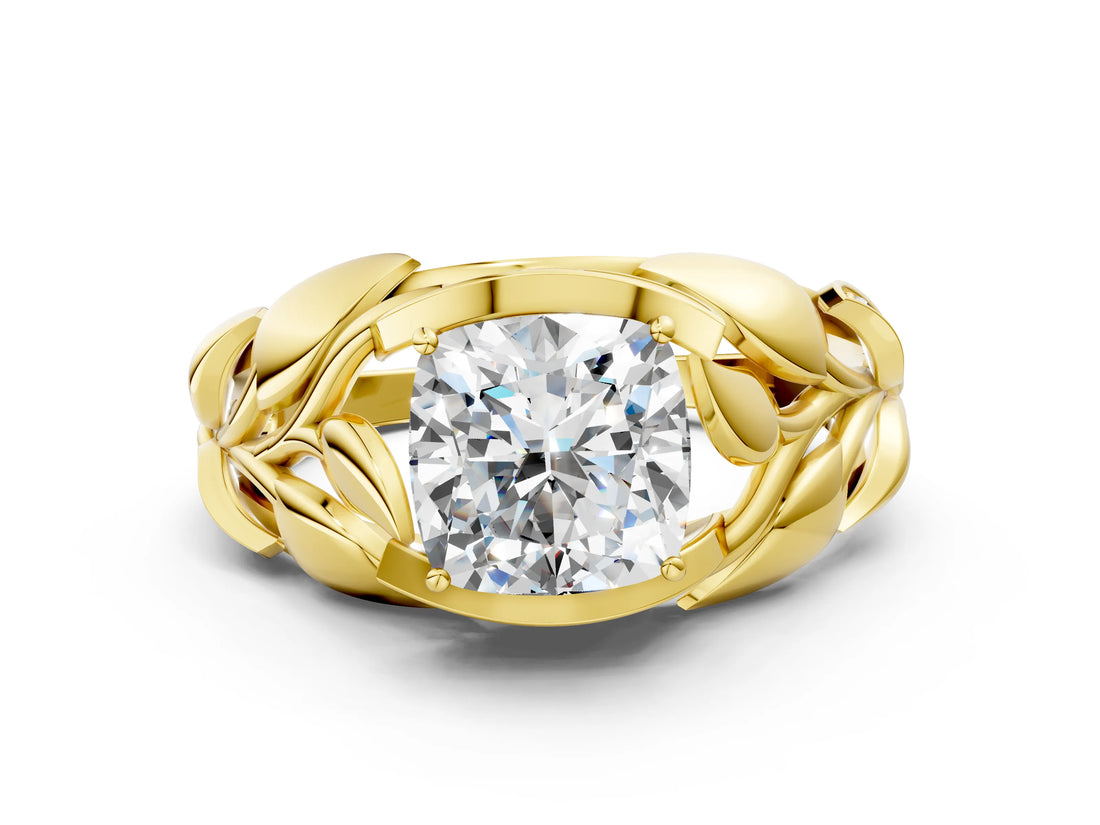 Yellow gold Cushion Cut Solitaire Leaf-Inspired Engagement Ring with Prong Setting_15