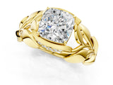 Yellow gold Cushion Cut Solitaire Leaf-Inspired Engagement Ring with Prong Setting_16