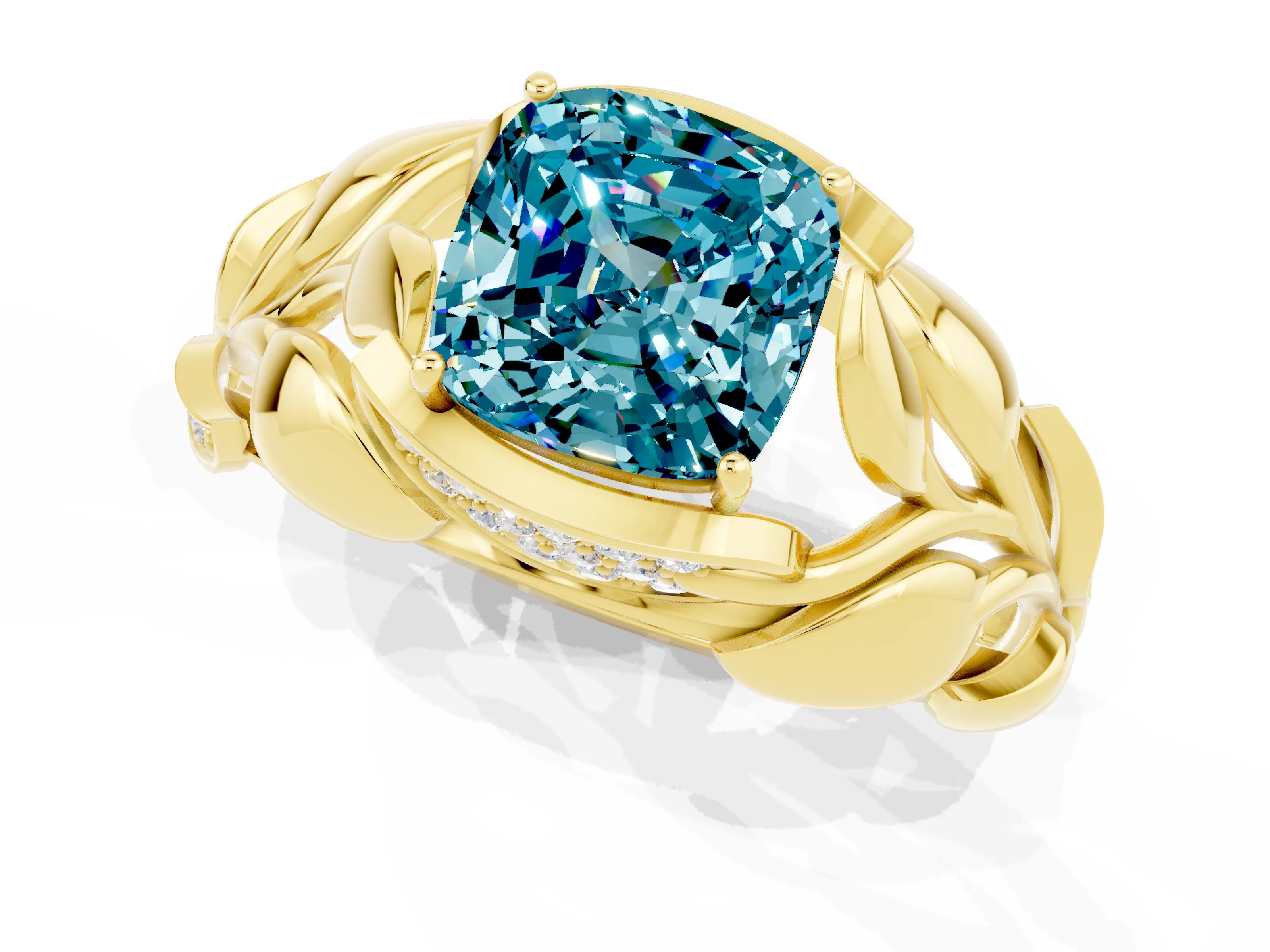 Yellow gold Cushion Cut Solitaire Leaf-Inspired Engagement Ring with Prong Setting_1