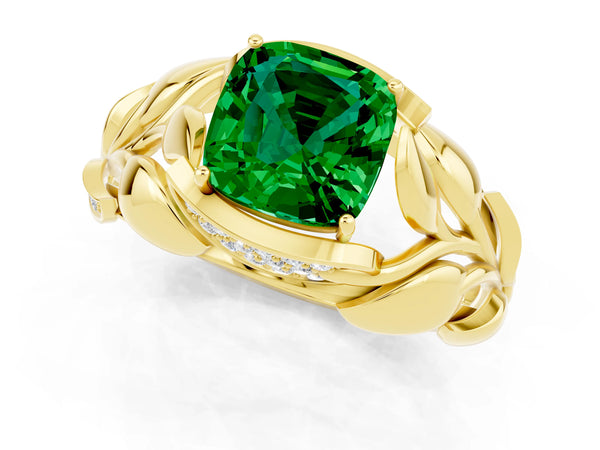 Yellow gold Cushion Cut Emerald Leaf-Inspired Engagement Ring with Round Accents and Prong Setting