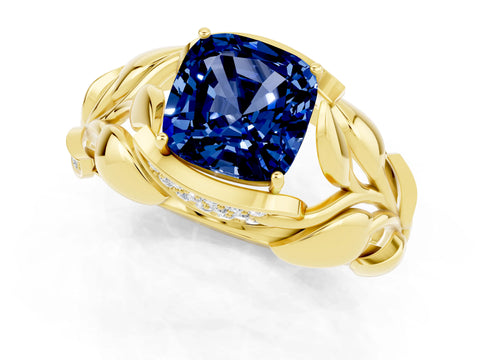 Yellow gold Cushion Cut Solitaire Leaf-Inspired Engagement Ring with Prong Setting_1
