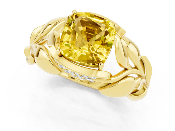 Yellow gold Cushion Cut Yellow Sapphire Leaf-Inspired Engagement Ring with Round Accents and Prong Setting