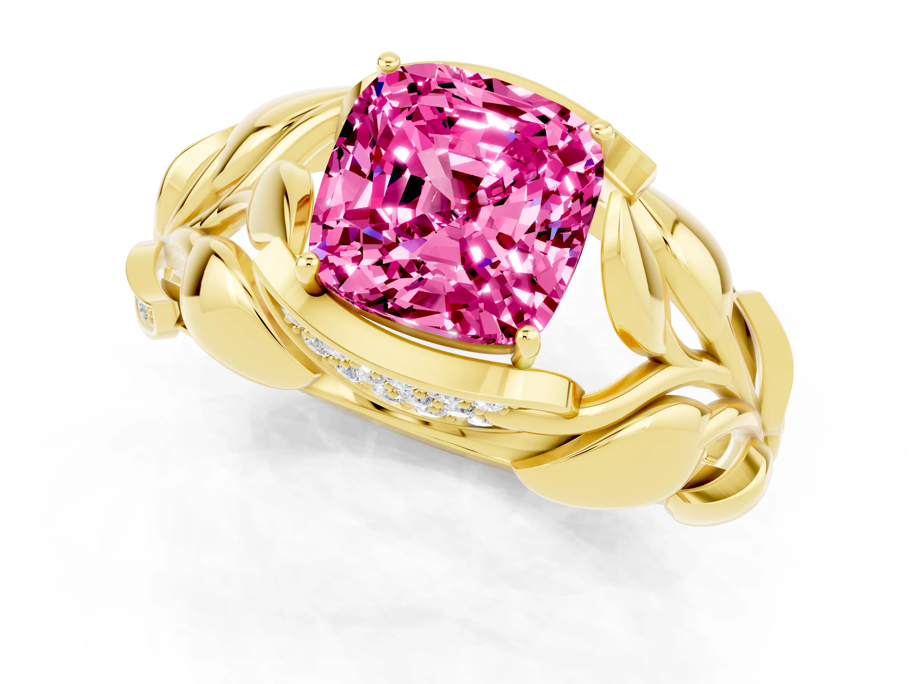 Yellow gold Cushion Cut Solitaire Leaf-Inspired Engagement Ring with Prong Setting_1
