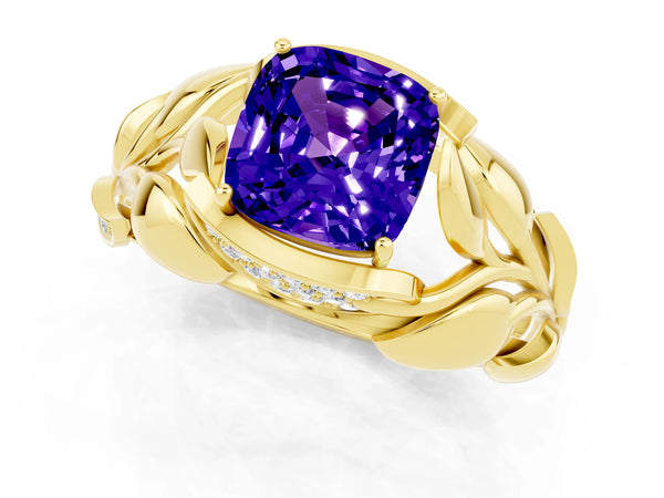 Yellow gold Cushion Cut Tanzanite Leaf-Inspired Engagement Ring with Round Accents and Prong Setting