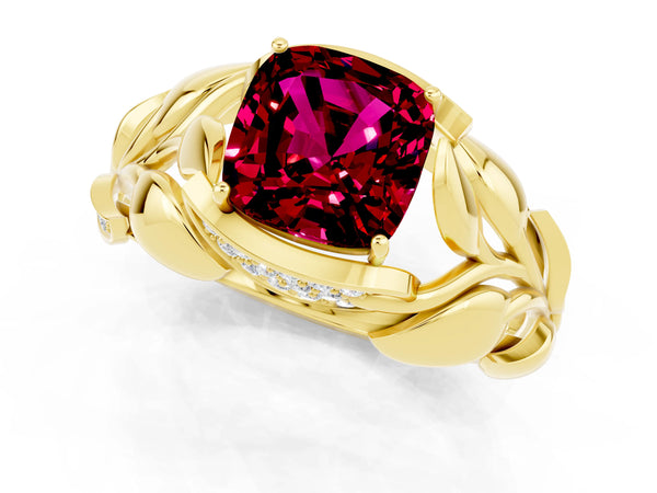 Yellow gold Cushion Cut Garnet Leaf-Inspired Engagement Ring with Round Accents and Prong Setting