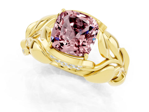 Yellow gold Cushion Cut Solitaire Leaf-Inspired Engagement Ring with Prong Setting_1