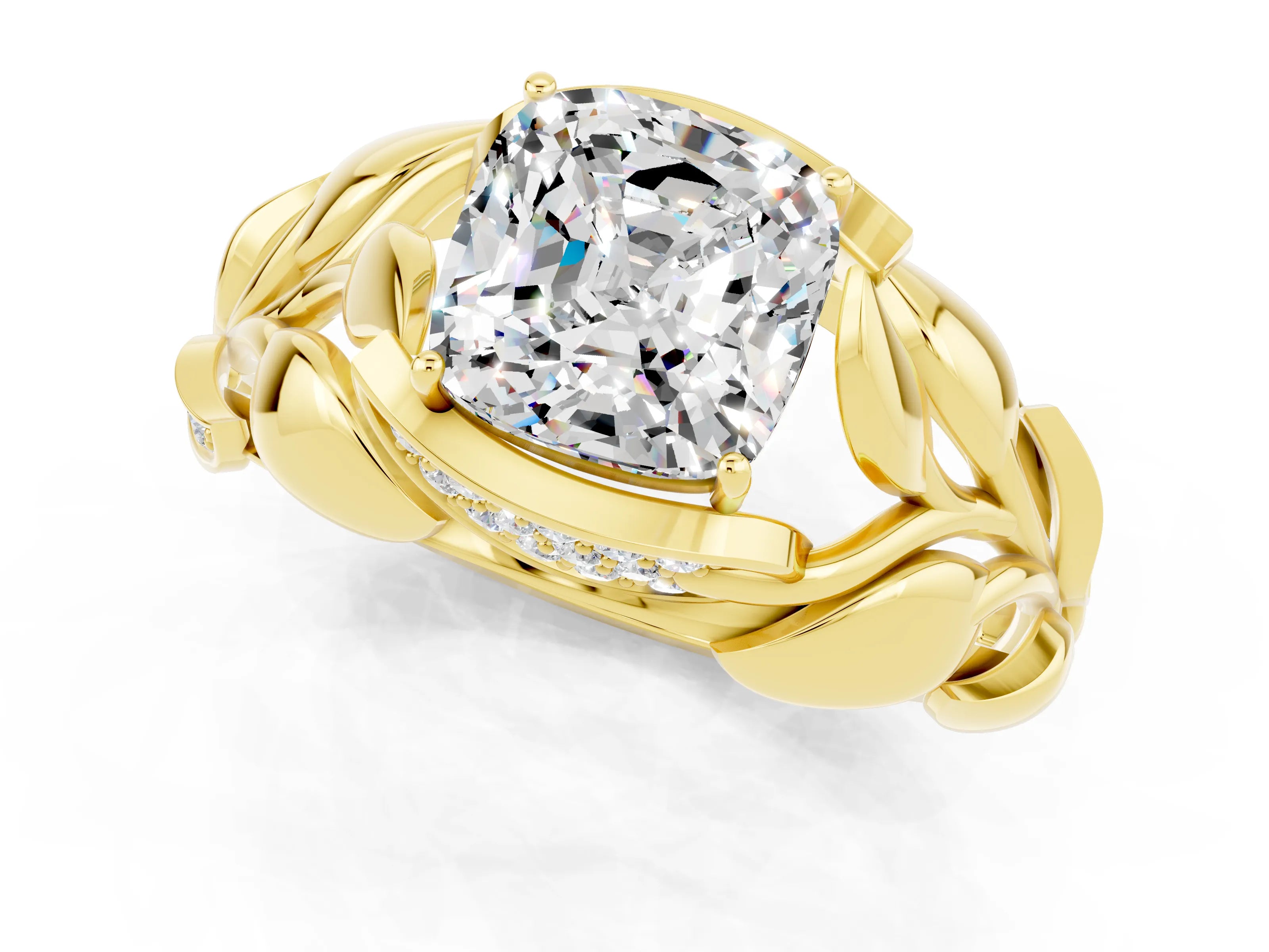 Yellow gold Cushion Cut Solitaire Leaf-Inspired Engagement Ring with Prong Setting_1