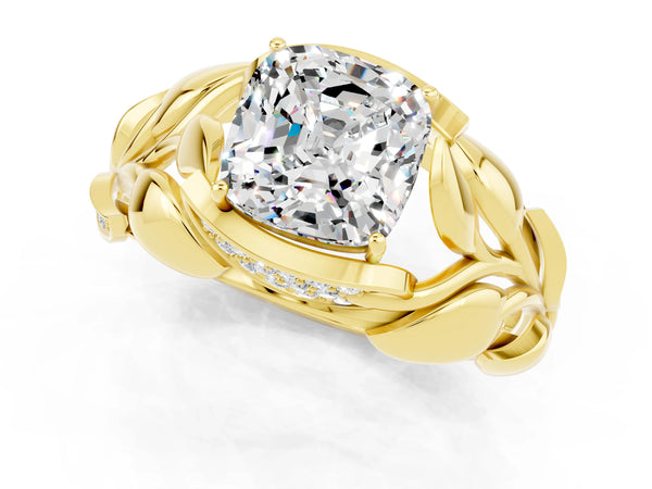 Yellow gold Cushion Cut Moissanite Leaf-Inspired Engagement Ring with Round Accents and Prong Setting
