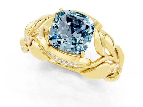 Yellow gold Cushion Cut Solitaire Leaf-Inspired Engagement Ring with Prong Setting_1