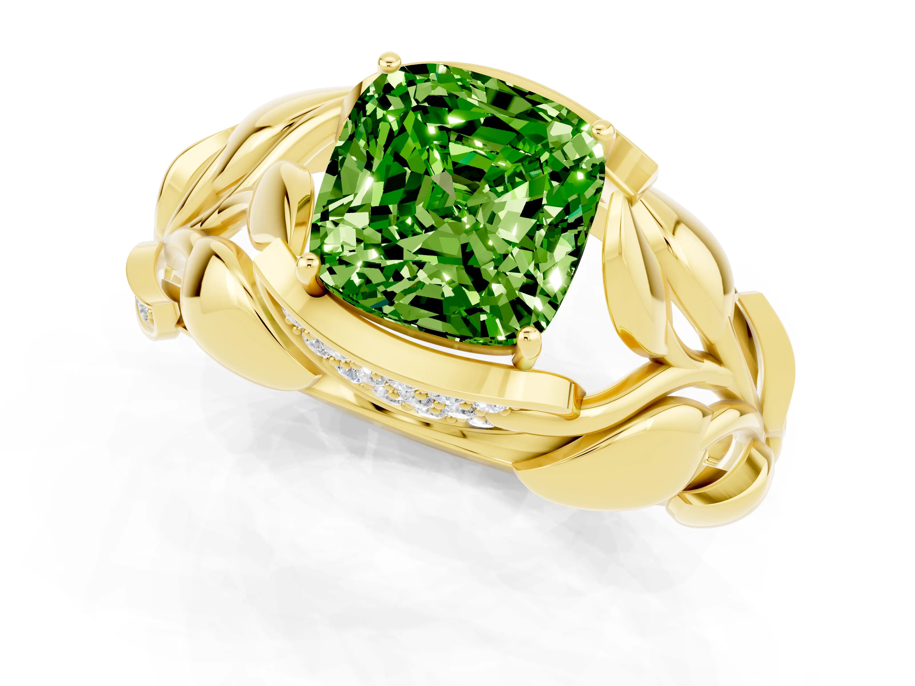 Yellow gold Cushion Cut Solitaire Leaf-Inspired Engagement Ring with Prong Setting_1