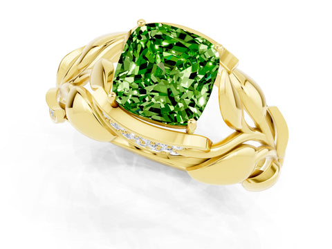 Yellow gold Cushion Cut Solitaire Leaf-Inspired Engagement Ring with Prong Setting_1