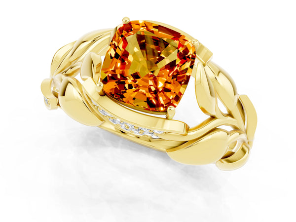 Yellow gold Cushion Cut Citrine Leaf-Inspired Engagement Ring with Round Accents and Prong Setting