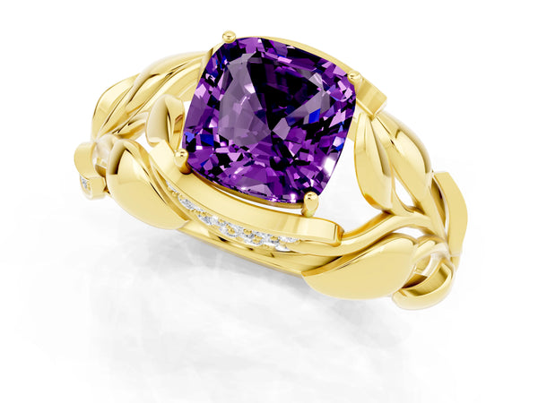 Yellow gold Cushion Cut Amethyst Leaf-Inspired Engagement Ring with Round Accents and Prong Setting