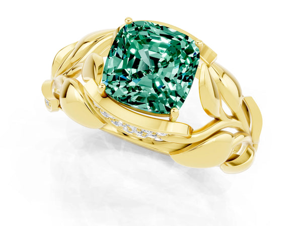 Yellow gold Cushion Cut Green Sapphire Leaf-Inspired Engagement Ring with Round Accents and Prong Setting