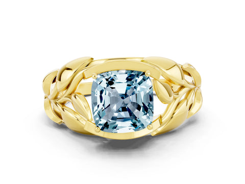 Yellow gold Cushion Cut Solitaire Leaf-Inspired Engagement Ring with Prong Setting