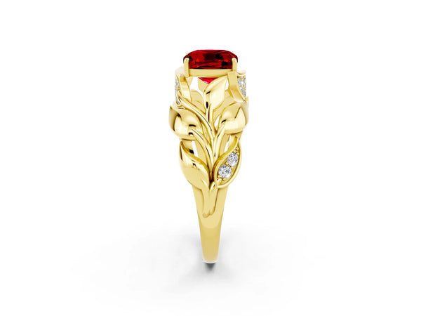 Yellow gold Cushion Cut Ruby Leaf-Inspired Engagement Ring with Round Accents and Prong Setting