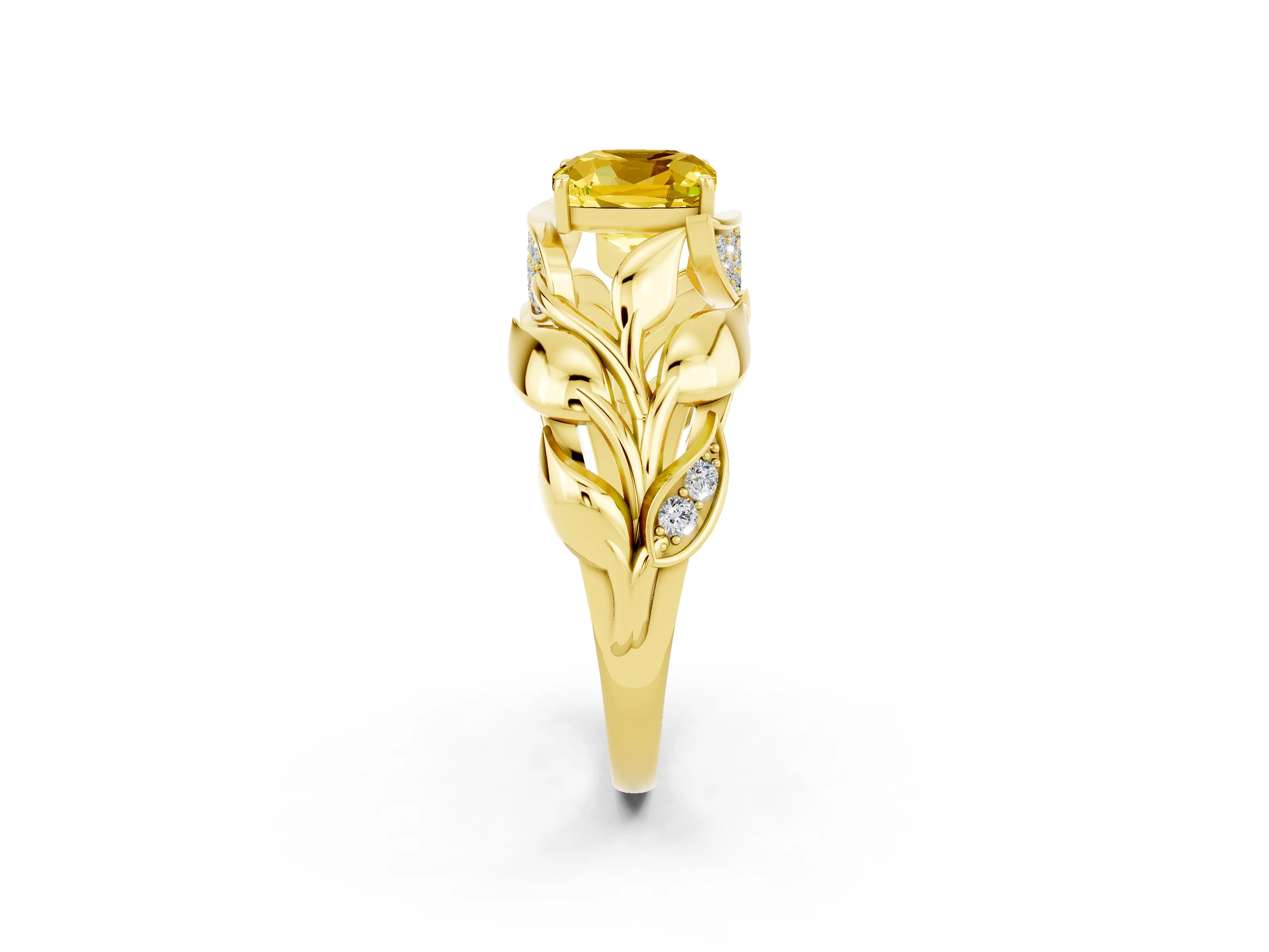 Yellow gold Cushion Cut Solitaire Leaf-Inspired Engagement Ring with Prong Setting_2