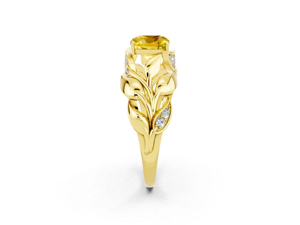 Yellow gold Cushion Cut Yellow Sapphire Leaf-Inspired Engagement Ring with Round Accents and Prong Setting