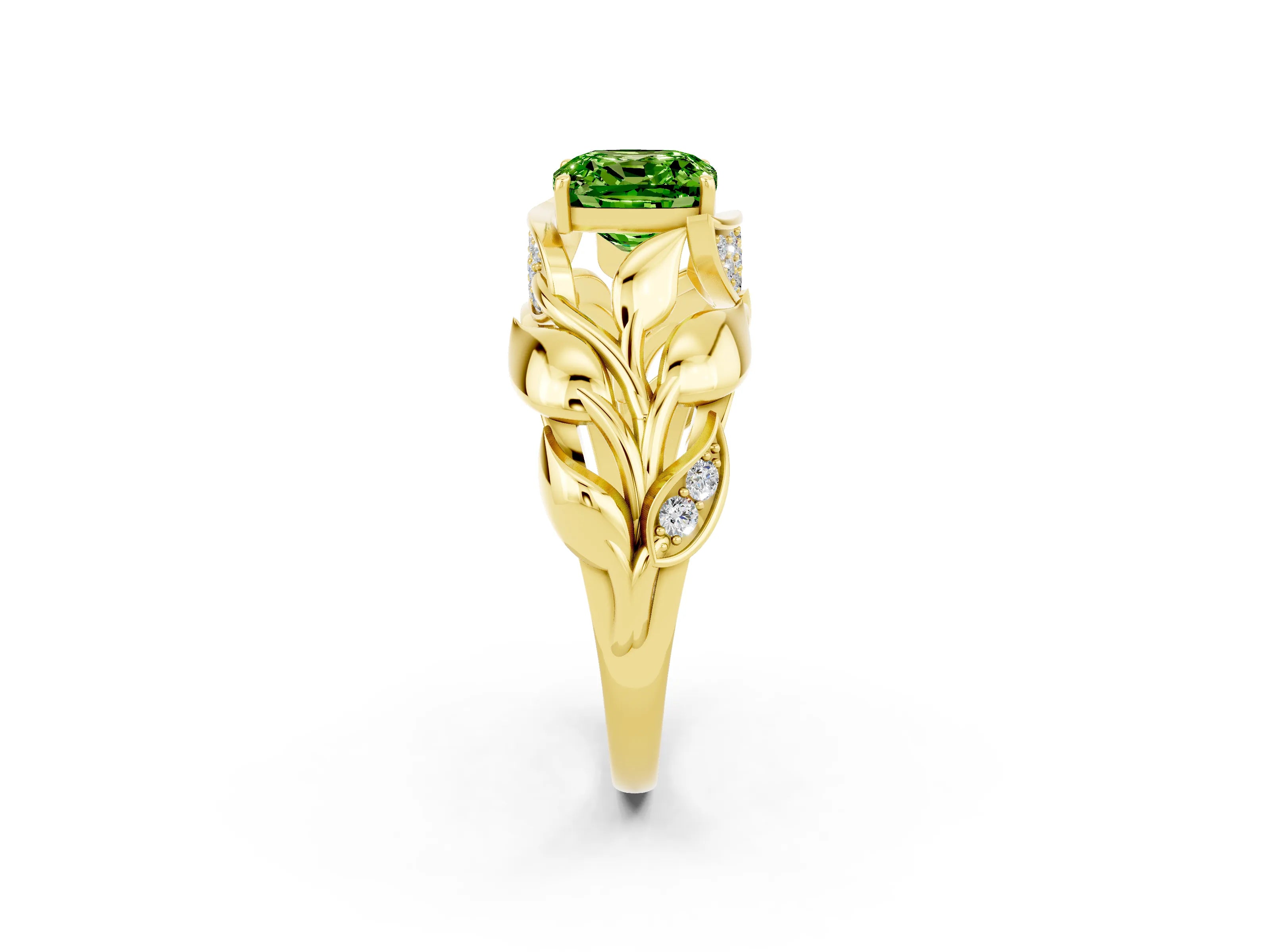 Yellow gold Cushion Cut Solitaire Leaf-Inspired Engagement Ring with Prong Setting_2