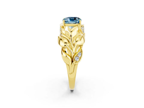 Yellow gold Cushion Cut Solitaire Leaf-Inspired Engagement Ring with Prong Setting_2