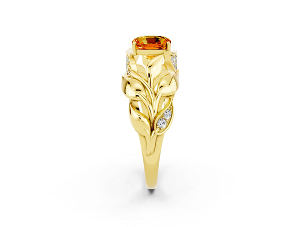 Yellow gold Cushion Cut Citrine Leaf-Inspired Engagement Ring with Round Accents and Prong Setting