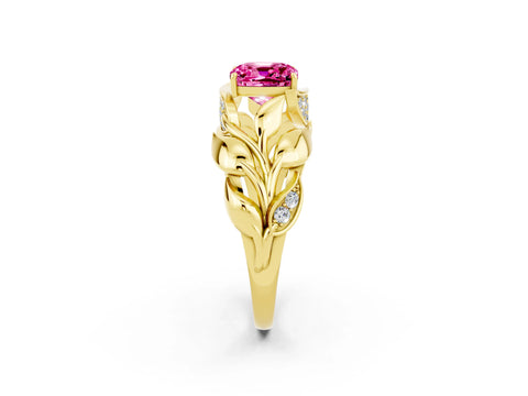 Yellow gold Cushion Cut Solitaire Leaf-Inspired Engagement Ring with Prong Setting_2