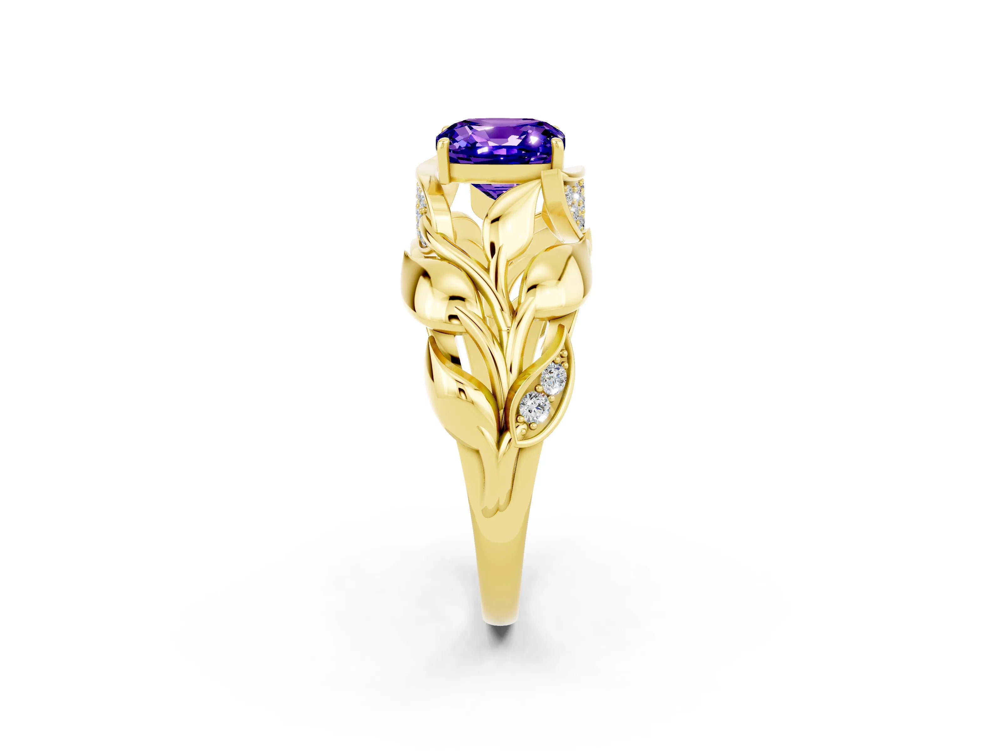 Yellow gold Cushion Cut Solitaire Leaf-Inspired Engagement Ring with Prong Setting_2