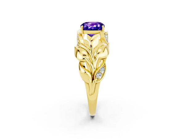 Yellow gold Cushion Cut Tanzanite Leaf-Inspired Engagement Ring with Round Accents and Prong Setting