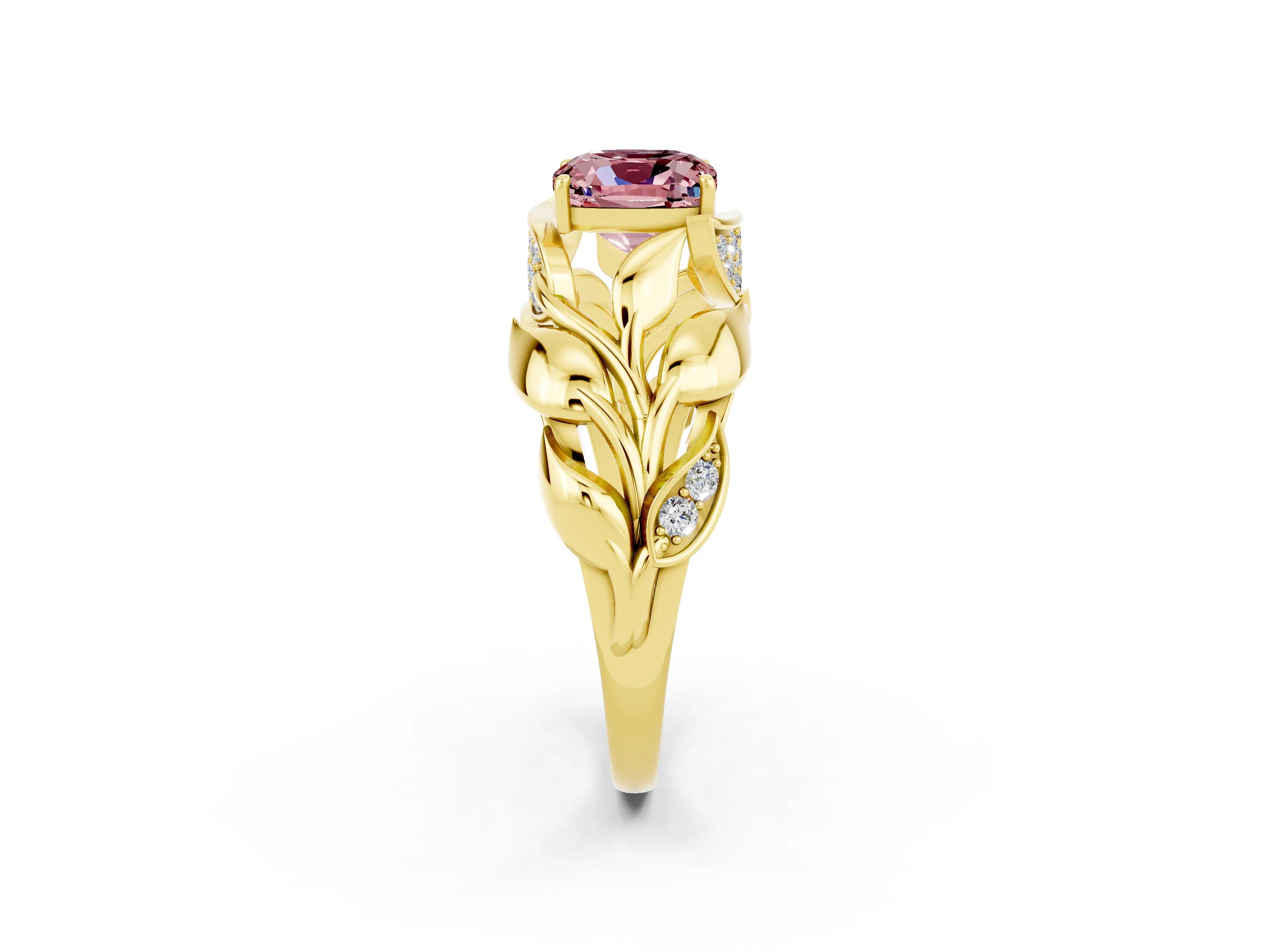Yellow gold Cushion Cut Solitaire Leaf-Inspired Engagement Ring with Prong Setting_2