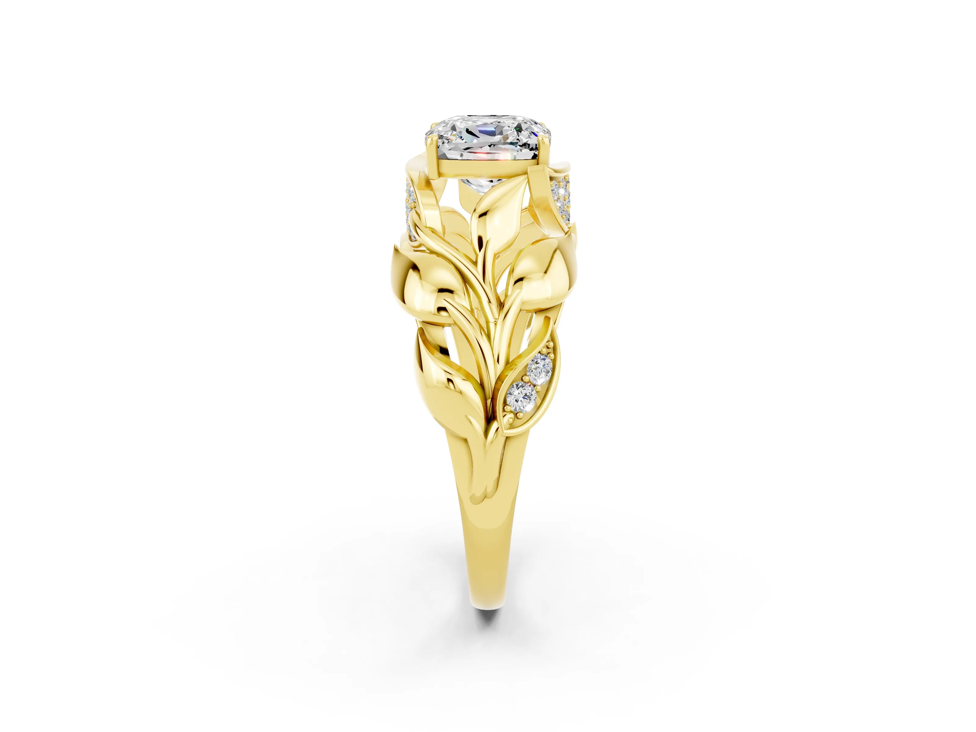 Yellow gold Cushion Cut Solitaire Leaf-Inspired Engagement Ring with Prong Setting_2