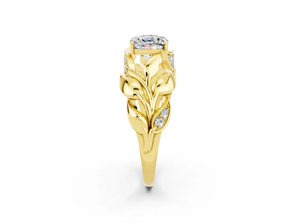 Yellow gold Cushion Cut Moissanite Leaf-Inspired Engagement Ring with Round Accents and Prong Setting