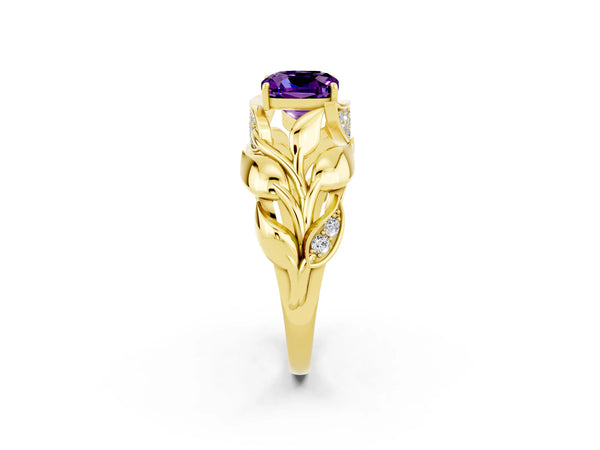 Yellow gold Cushion Cut Amethyst Leaf-Inspired Engagement Ring with Round Accents and Prong Setting