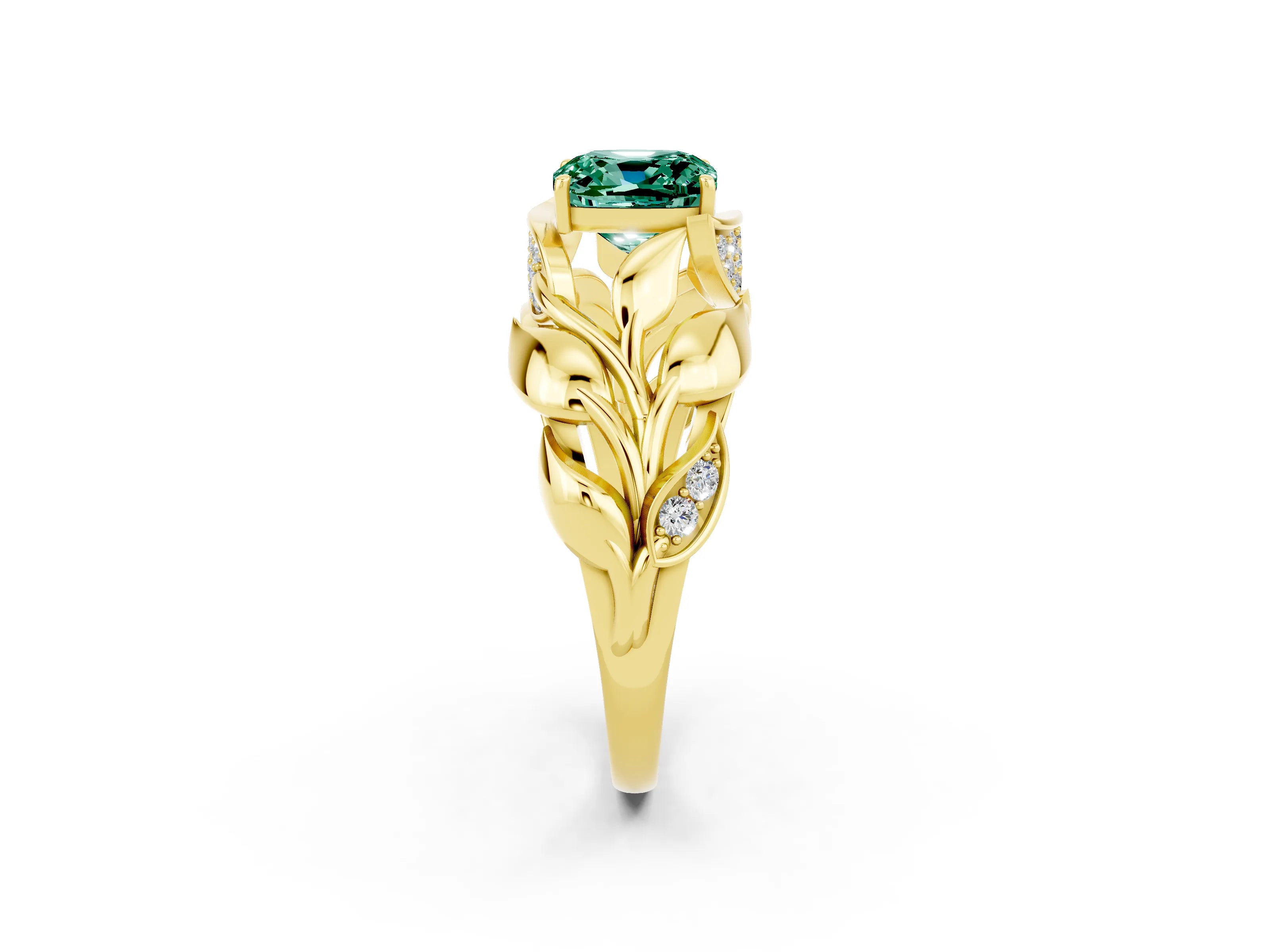 Yellow gold Cushion Cut Solitaire Leaf-Inspired Engagement Ring with Prong Setting_2