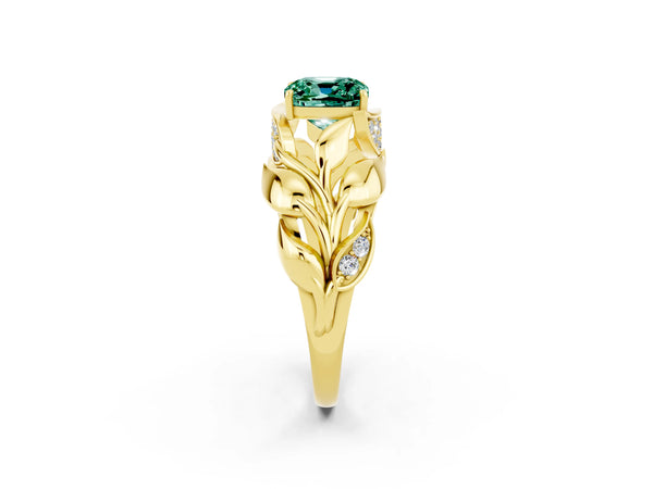 Yellow gold Cushion Cut Green Sapphire Leaf-Inspired Engagement Ring with Round Accents and Prong Setting