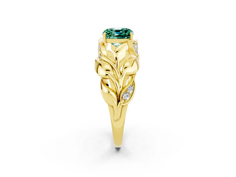 Yellow gold Cushion Cut Solitaire Leaf-Inspired Engagement Ring with Prong Setting_2