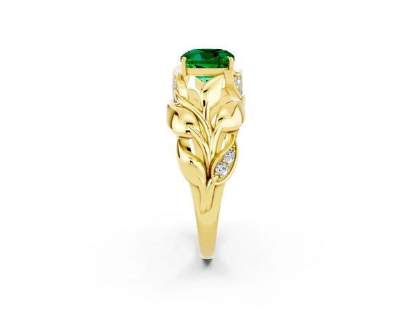 Yellow gold Cushion Cut Emerald Leaf-Inspired Engagement Ring with Round Accents and Prong Setting