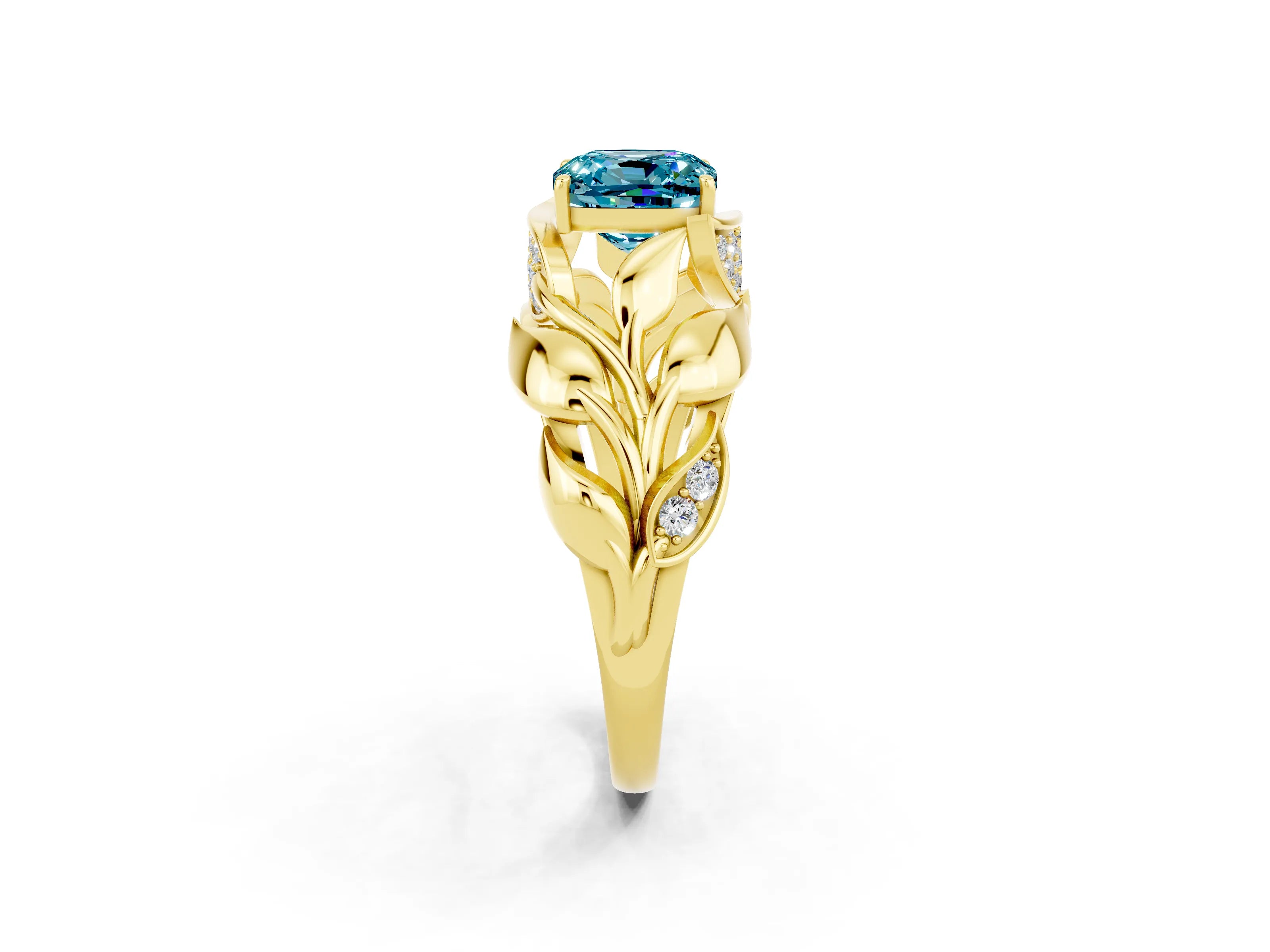 Yellow gold Cushion Cut Solitaire Leaf-Inspired Engagement Ring with Prong Setting_2