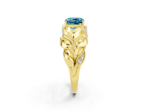 Yellow gold Cushion Cut Solitaire Leaf-Inspired Engagement Ring with Prong Setting_2